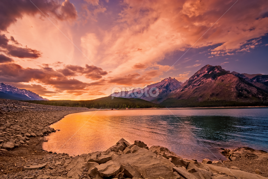 Sunset on Lake Minnewanka by Tracy Munson - Landscapes Sunsets & Sunrises