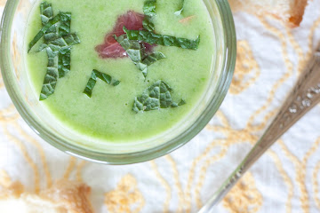Spring pea soup with rhubarb