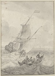 Twee zeilschepen en een roeiboot in stormachtig weer