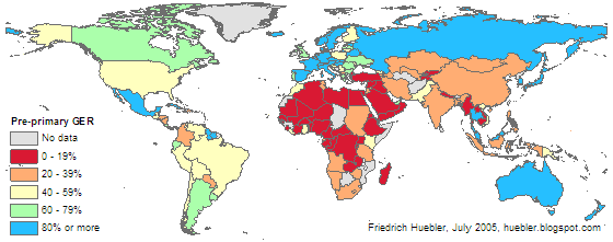 Map of the world showing pre-primary gross enrollment ratio for each country in 2002/03