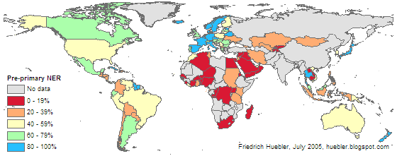 Map of the world showing pre-primary net enrollment ratio for each country in 2002/03