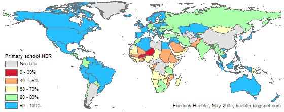 Map of the world showing primary school net enrollment rate for each country in 2002/03