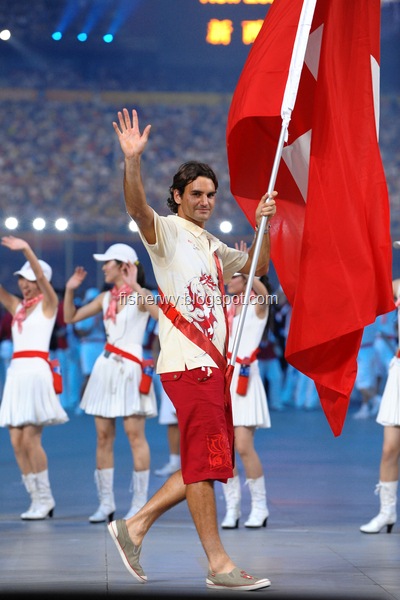 Picture of Roger Federer helding Swiss National Flag at Beijing Olympics opening ceremony