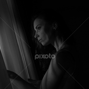 Female, lady, women, look, black, white, window, curtain by Irmantas Baltrusaitis - Black & White Portraits & People
