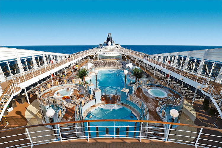 Warm sun and sweet breezes lure MSC Poesia passengers to the Esterna Sundeck.