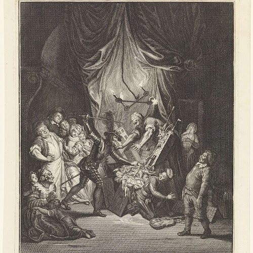 Don Quichot vecht tegen marionetten, Bernard Picart, after Charles ...