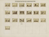 Albumblad met namen en afbeeldingen van gebouwen in steden