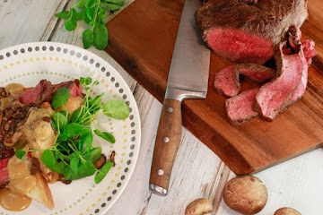 Sliced Steak and HP Mushrooms on Toast with Welsh Rarebit Sauce and Watercress