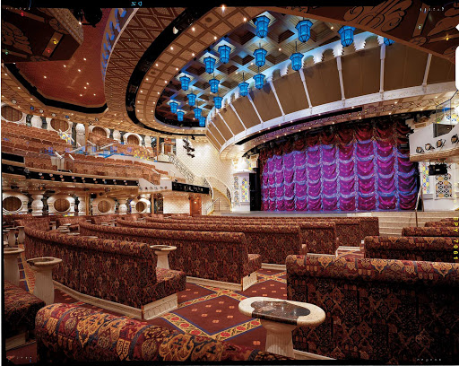 The Taj Mahal theater, Carnival Pride's main show lounge, features musical and stage productions, feature films and games.