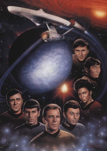 De baixo para cima: Scott, Spock, Kirk, McCoy, Uhura, Sulu e Chekov