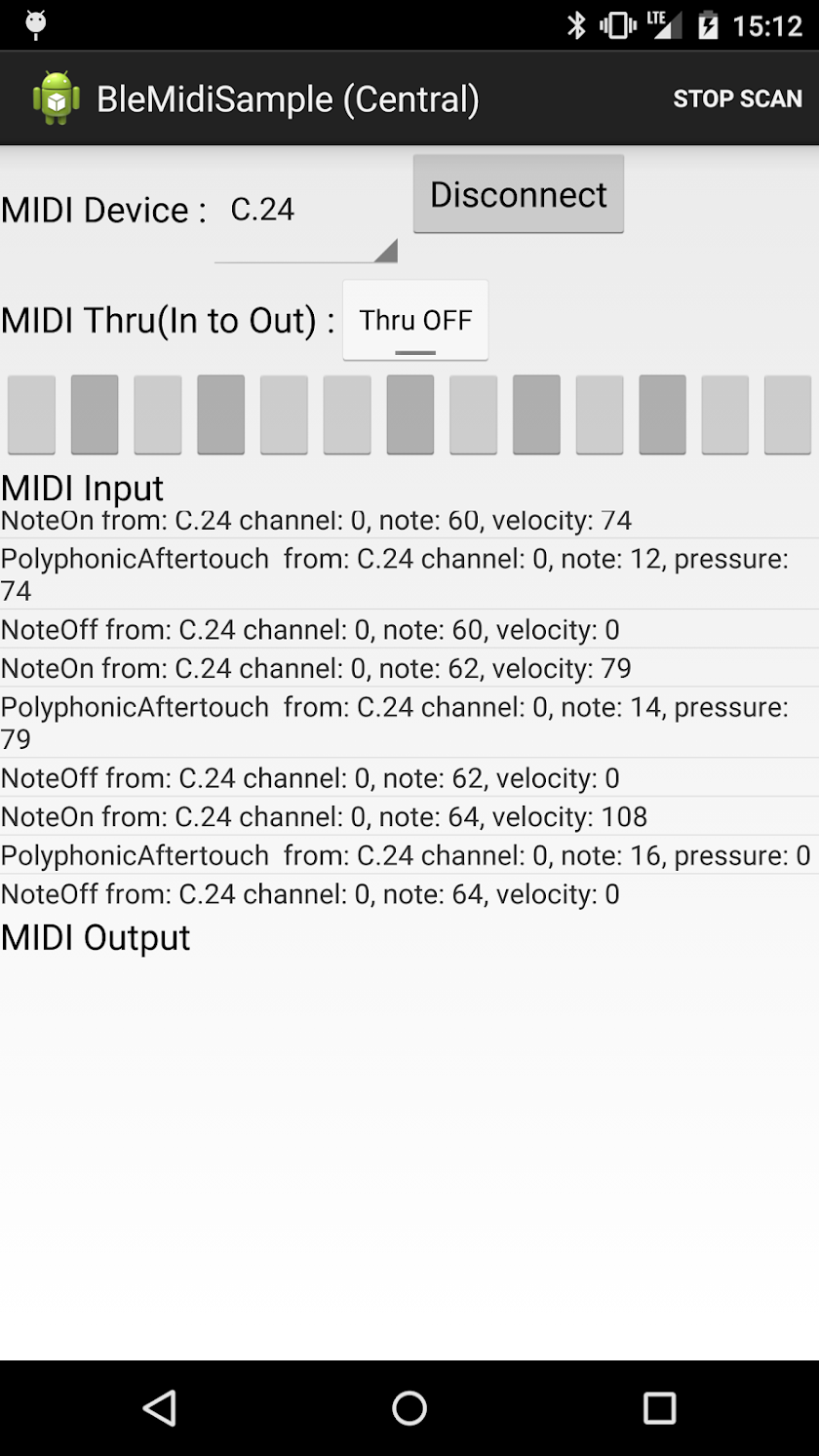 BLE MIDI Sample App Screen 1