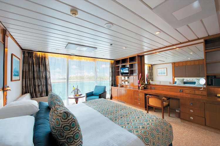 The roomy Veranda Suites on the Paul Gauguin feature butler service and can fit up to four guests by adding two berths with cribs or roll-aways.