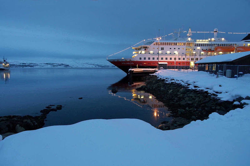 Hurtigruten's Polarlys as night falls on a voyage to arctic regions.