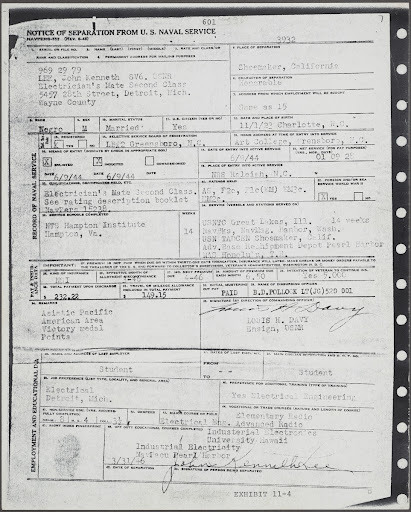 Notice of Separation from U.S. Naval Service for J. Kenneth Lee on ...