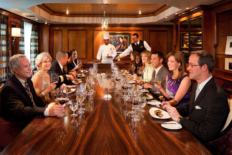 A sommelier and top chef introduce each course and matched wine served in the five-course meals at the Chef's Table, Radiance of the Seas' most upscale dining experience. 