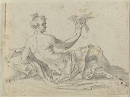 Liggend mensfiguur met een vogel op de hand