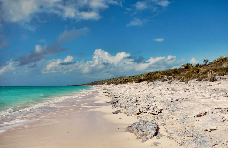 The beach at Alligator Point on Cat Island, Bahamas.