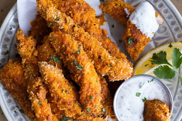 Black Pepper Rub Chicken Fingers with Greek Yogurt Ranch.
