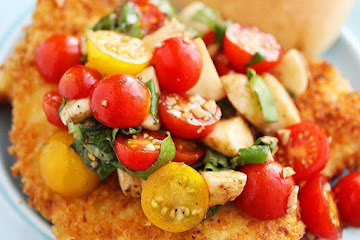 Crispy Parmesan Chicken Cutlets with Tomato-Mozzarella Salad
