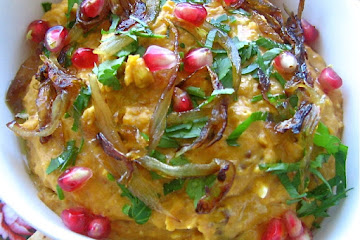 Butternut Squash Dip with Pomegranate Molasses, Feta, and Caramelized Shallots