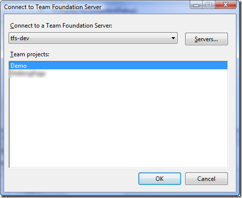 Connect to Team Foundation Server Dialog - Single-Project Select - Default