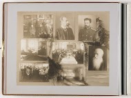 Compositie van acht foto's van personen en het interieur van de Keizerlijke Militair-Medische Academie, gecombineerd met decoratie van gedroogde takken