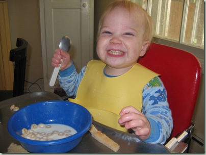 David's first cheerios by himself 5-22 004