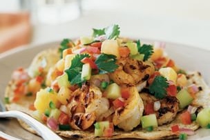 Shrimp Tacos with Melon-Pineapple Salsa