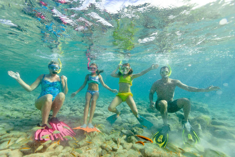 A family enjoys snorkeling in the crystal clear waters of Aruba.