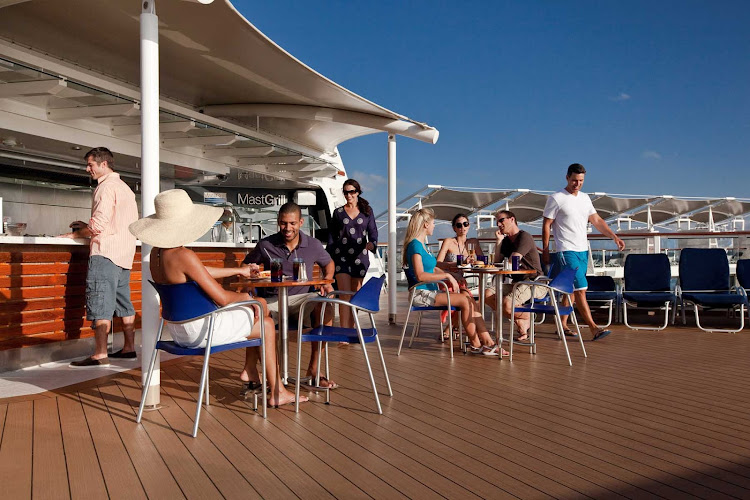 The Mast Grill & Bar, on Celebrity Solstice's deck, serves poolside fare such as  burgers, tacos, hot dogs, gyros and more.  