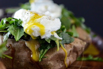 Black Bean, Arugula + Poached Egg Stuffed Sweet Potatoes