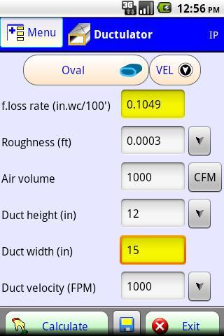 HVAC duct sizer - a Ductulator