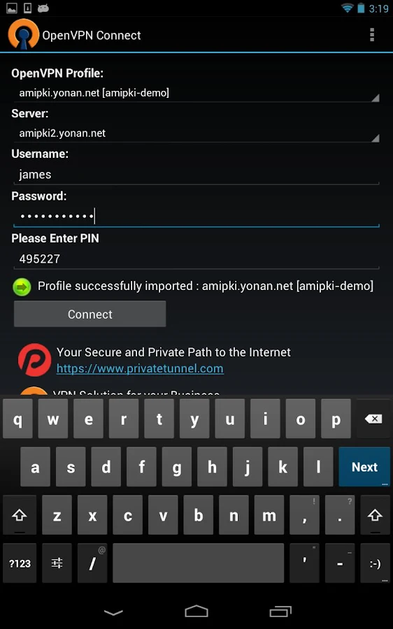 OpenVPN Connect- tangkapan layar