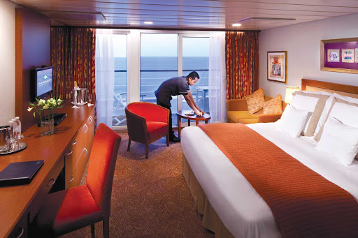 Azamara's Club Continent Suite on deck 8 measures 266 square feet and features two lower beds convertible to queen size, floor-to-ceiling glass doors, a 60-square foot veranda, a sitting area with sofa bed, flat screen TV, air conditioner and refrigerator with mini-bar. 