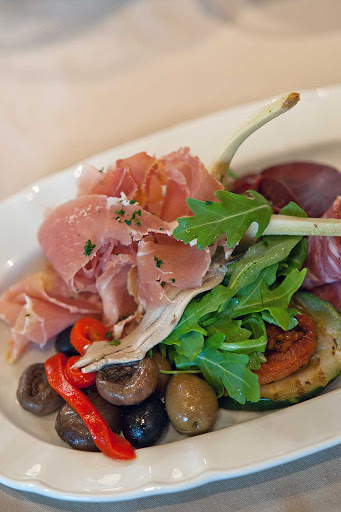 Oasis-of-the-seas-dining-appetizer-tray - A charcuterie appetizer tray at Giovanni's Table aboard Oasis of the Seas, part of the Italian cuisine prepared under the direction of chef Marco Morrama.