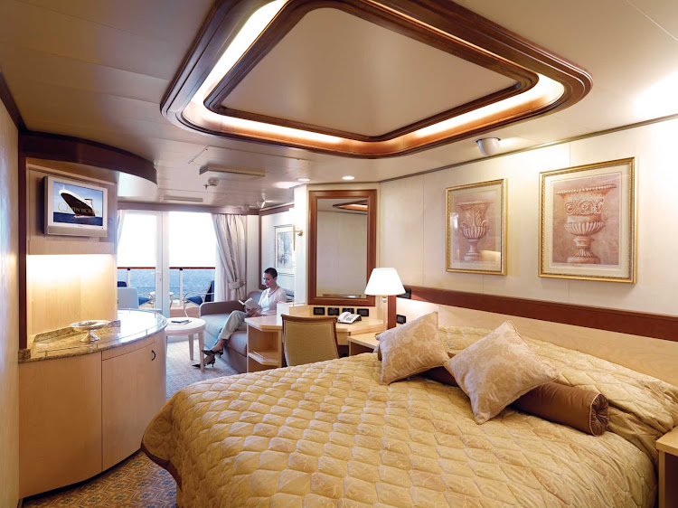 The Princess Suite aboard Queen Victoria offers guests floor-to-ceiling windows, a spacious private balcony, king bed, full bathroom with whirlpool tub and more.