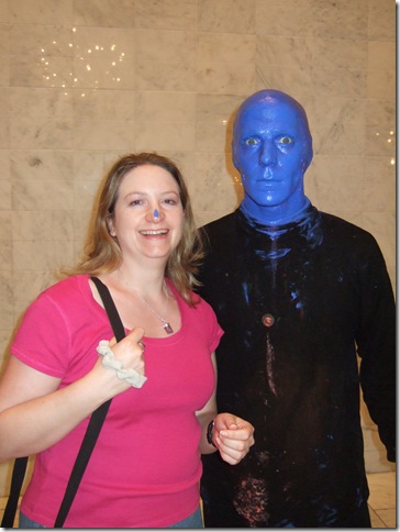Vicky with the 'Blue Man', who appears to have put a little blue paint on her nose.  People were queuing up for photos after the show - a nice touch, although made less nice as you were pestered to buy merchandise after having your photo done. Of course.