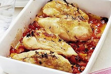 Chicken, goat's cheese & cherry tomato bake