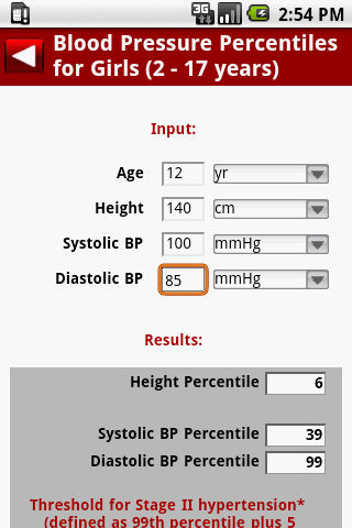 MedCalc 3000 Pediatrics Screen 3
