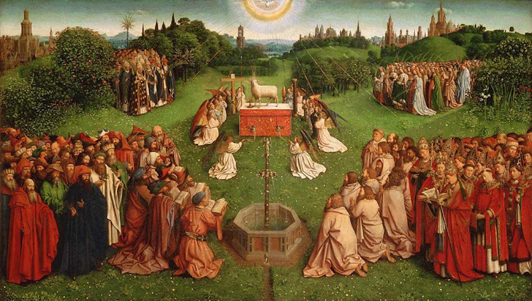 "Adoration of the Mystic Lamb" (c. 1430-1432), panel painting that is part of the Ghent Altarpiece by Jan van Eyck in Saint Bavo Cathedral, Ghent, Belgium.