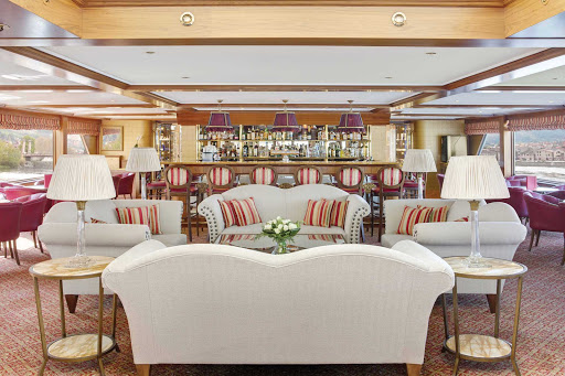 The charming lounge aboard Uniworld's S.S. Bon Voyage, which plies historic villas along the Rhône River in France.