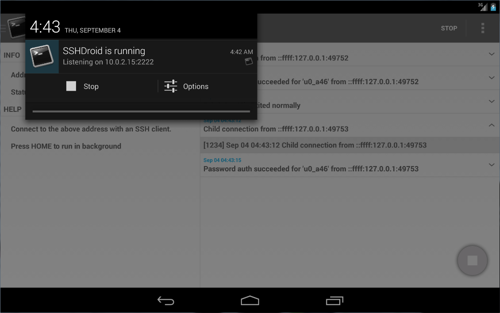   SSHDroid – posnetek zaslona 
