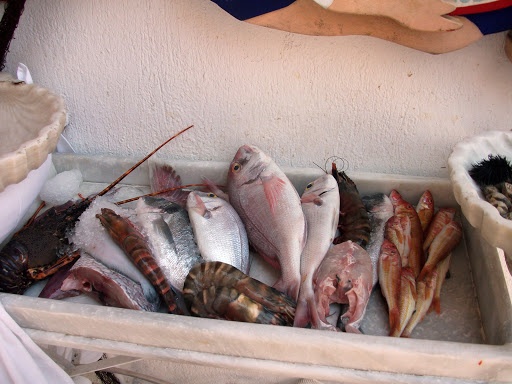Catch of the day! Fresh fish, lobster and eel at a taverna on the Greek island of Mykonos.