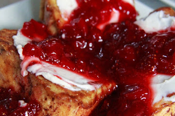 Angel Food Cake French Toast with Cream Cheese and Strawberry Syrup