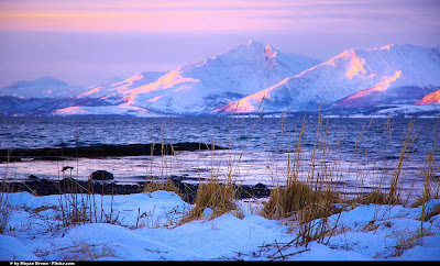 Fjords seen from the south beach of Tromso, Norway.