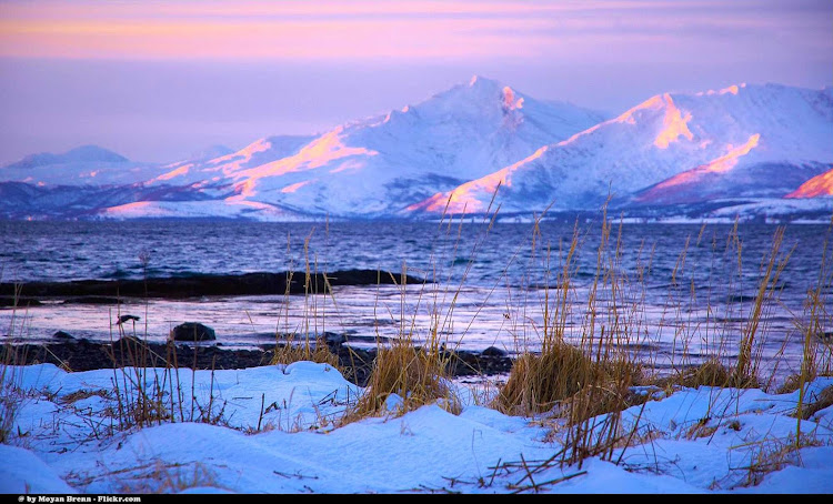 Fjords seen from the south beach of Tromso, Norway.