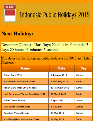 Indonesia Public Holidays 2015