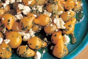 Saut&amp;#233;ed Yellow Pear Tomatoes with Arugula Pesto and Feta