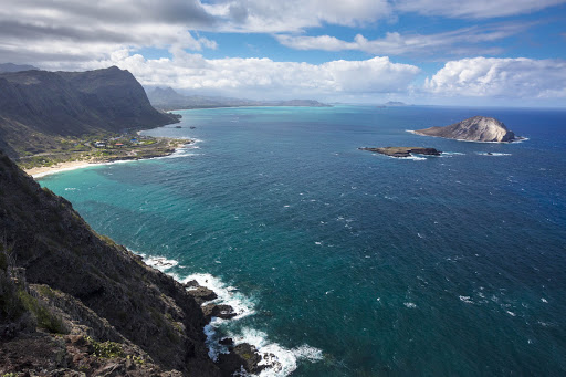 Makapuu and Waimanalo beaches with Manana Island at right, all part of Oahu. 