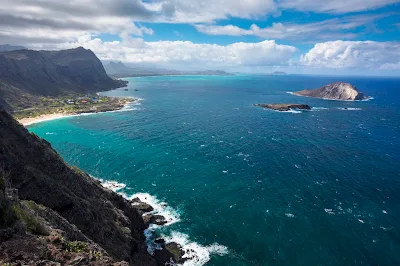 Makapuu and Waimanalo beaches with Manana Island at right, all part of Oahu. 